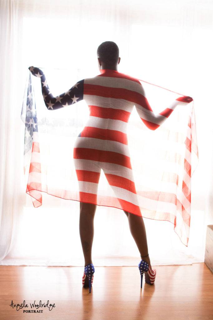America proud boudoir photo with flag scarf